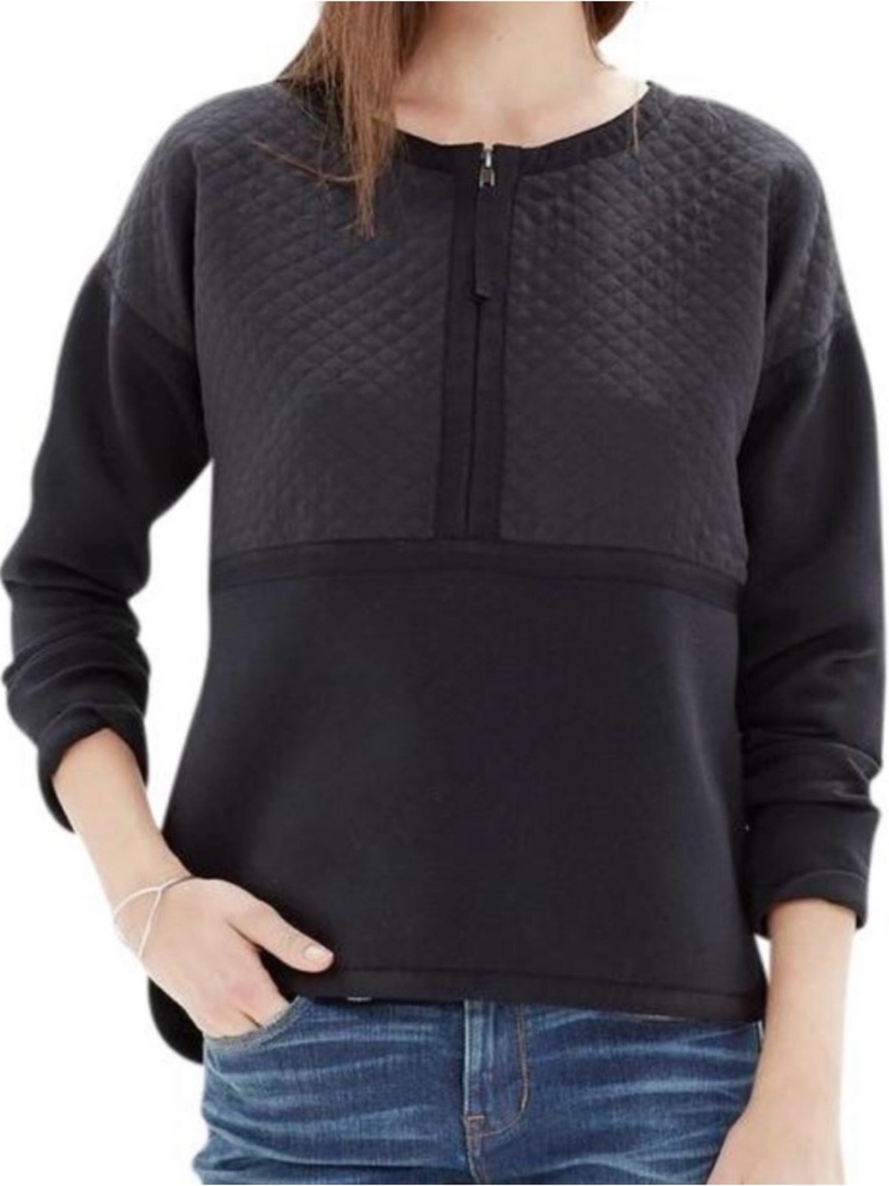Madewell Stitchblock Black Quilted Yoke Half-Zip Sweatshirt